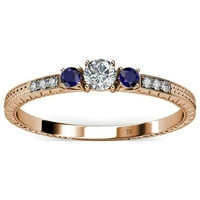 Dijamantni i plavi safir tri kameni prsten sa dijamantkom sa bočne trake 0. CT TW 14K Rose Gold.Size 8.5