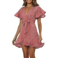 Esobo Womens Polka Dot Wrap V izrez Mini haljina Ljetna plaža Ruffles Hem kratke haljine sa pojasom