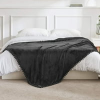 Prekrivač runa baca s pompomnim obrubom, crnim pokrivačima i bacama za kauč