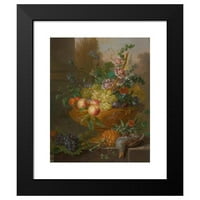 Willem van Leen Crna modernog uokvirenog muzejskog umjetničkog ispisa pod nazivom - urna ispunjena cvijećem, grožđem, breskvama, šljive i marelicama, ananasu i golub u prvom planu