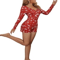 Ženska božićna štampana uzorka Pajama, V-izrez s dugim rukavima Bodycon playsuit, crveno vino crvena