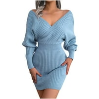 Ženski pleteni džemper Mini haljine Batwing s dugim rukavima V izrez Slatki povremeni pulover Dukseri Stretch Fall pletena odjeća