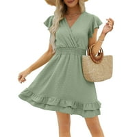 Clearce Summer Haljine za žene kratki rukav A-linijski mini plaža Čvrsta V-izrez Haljina MINT Green M