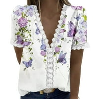 Feternal ženske ležerne majice V izrez kratki rukav čipka šuplji vrhovi cvjetni tisak čipkasti vrhovi