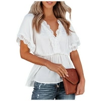Ženski ljetni bluze V-izrez čvrsti bluza s kratkim rukavima bijele s