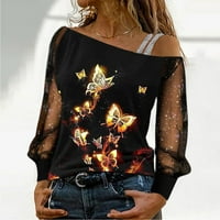Žene Casual Sequin Print MESH dugi rukav hladan ramena labav bluza za bluzu na vrhu modne elegantne