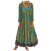IOPQO Maxi haljina za žene V-izrez casual rukav od ispisanih dva duga haljina ljetna haljina