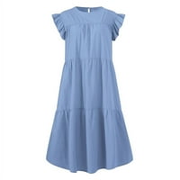 Safuny Women's Trendy Mini labava haljina Solid Boja bez rukava Crewneck Haljina Drop struka Ruffle Hem Retro Kuća za odmor Modni ljetni plavi xxl