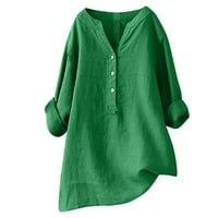 Cacommmark Pi ženski vrhovi plus veličine košulja za čišćenje V-izrez dugih rukava labav gumb pamučna posteljina tunika bluza