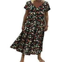 Pfysire Women Floral Loose Fit Maxi haljina V izrez Casual Beach Sundress crna 2xl
