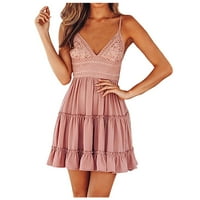 Haljine za ženske ljetne haljine bez rukava dužine koljena V-izrez A-line ispisane ženske retro haljine ružičaste l