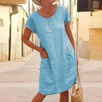 Vintage Women Ljeto Ležerne prilike pune boje kratkih rukava O-izrez za šivanje labavog džepa pamučna haljina