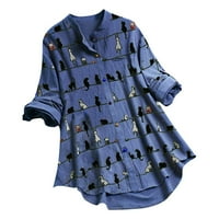 Casual Bluze za žene Ljeto jesen Plus size labav dugi rukav Crewneck gumb dole make mačke tuničke majice