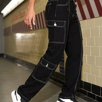 Ženske hlače Jednobojno četverokutno rezanje tereta za opušteno fit baggy crni demin zipper tanko crteći sa džepovima Slacks Office Workout pantalone za žene