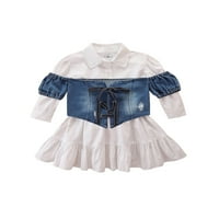 Biekopu Little Girls Outfit, Flouncing haljina s dugim rukavima, traper prsluk