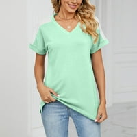 Aoksee bluza za žene Ljetna moda V izrez casual kratkih rukava na vrhu majica, zelena