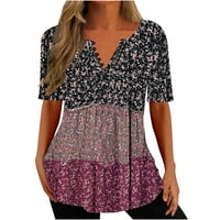 Majica Caveitl, žene, ženska modna štampa ležerna V-izrez gumb kratkih rukava Top bluze Hot Pink, XXL