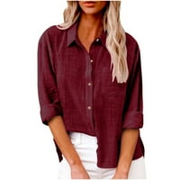 Košulje za žene plus veličine gumb sa čvrstim bojama niz rever ovratnik, ležerne prilike na dugih rukava, labavi fit pamučni posteljina