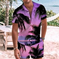 Havajski set za muškarce prevelike fit tropsko štampanje kratkih rukava s kratkim rukavima košulje i elastične kratke hlače Leisure Ljeto Plaža Dvije odjeće Purple XXXL