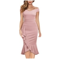 Ženske haljine midi haljina, kratki rukav ležerni poklopac čvrstog V-izrez ljetna haljina ružičasta
