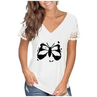 Ženski ljetni V-izrez Leptir tiskani vrhovi T-majice Ležerne prilike CALCE kratki rukav bluza bijeli