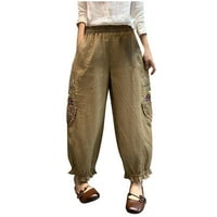 Hlače za ženske ležerne pamučne lanene crteže visoko strukske pantalone Ljetne osnovne hlače