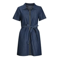 Traper haljine za žene plus veličine ljetni traper omotač kratkih rukava sa džepovima modni up struk zipper tanke ljetne haljine za žene za svakodnevnu haljinu plaža Tamno plava XL