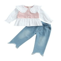 Douhoow 2-7Y dječje djevojke Set odjeće plašten patchwork peter pan ovratnik s jednim grudima Jeans
