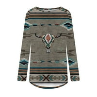 Ženske dugih rukava zapadnih košulja Aztec Geometrijski print casual labavi fit tunički vrhovi sivi xxl