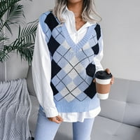 pxiakgy zimski kaputi za žene jesen i zimska petion boja-blok tiskani uzorak V-izrez pleteni džemper prsluk pleteni pleteni bez rukava pleteni džemper s džemper-plavom bojom plavi + SAD: 4