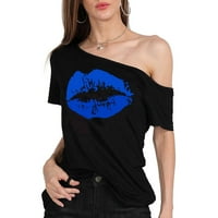 Ženske majice kratkih rukava izrez za usne Ispis Regularni fit vrhovi za prodaju Specijalni ljetni mashirts Roll up prevelizirane bluze plave xxxxxl