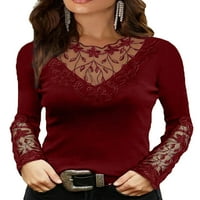 REJLUN Ženska TEE čipka Cvjetna majica Dugi rukav majica Modna tunika Bluza Slim Fit Work Tops Wine Red XL