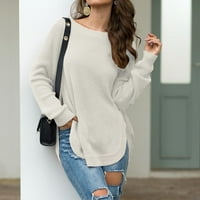 Ženski džemperi padaju u trendu za labav fit dugi rukav čvrsta boja Crewneck Bočni prorez pleteni pulover džemper