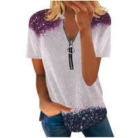 Pola zatvarača up bluze za žene V izrez kratki rukav tiskani majice Summer Dressy Casual vrhovi ljubičasta