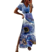 Ženska haljina cvjetna tiskana kratki rukav V izrez ženka casual sredski odmor za odmor nositi proljeće