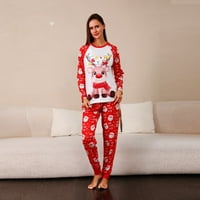 Božićni slatki elk crtani uzorak pidžama žene i muškarci dugih rukava Loungeward Porodica koja odgovara crveno
