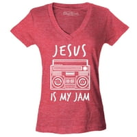 Shop4ever Ženski Isus je moj džem smiješan kršćanska vjera Novost Slim Fit V-izrez majica X-Veliki Heather
