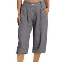 Capri pantalone za ženske ležerne pamučne posteljine obrezane hlače Čvrsti baggy capris ljetne salone sa džepovima