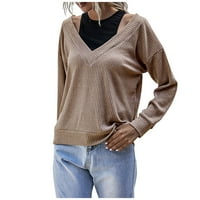 Binmer ženski dugi rukav pleteni džemper Jumper Pulovers Plus veličine V-izrez Solid Boja lažna dva šivanja pletenog džemper