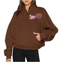 tklpehg Womens Sweatshirts Plus Size Loose Soft Blouse Pink Ribbon Pattern Casual Fall Long Sleeve Tee Shirts V-Neck Half Zippered Sweartshirt Going Out Tops Pullover Brown S