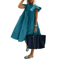 Ljetne haljine za žene s kratkim rukavima Solidna modna mini a-linijska plaža okrugla izrezna haljina plava 5xl