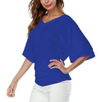 Ženska modna solidna boja V rect t majica bluza rukav vrhovi bluza plava