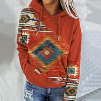 Pyju ženski zapadni azdec kapuljač za jesen, etnički geometrijski grafički pulover vrhovi casual dugih