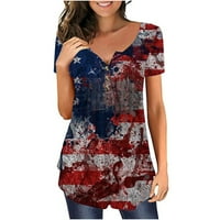 Ženska dan nezavisnosti Patriotska V-izrez-vrat-dolje na prekriveno kratki rukav na vrhu nalaze se na plutajuća povremena tunika košulja Flowy bluza Ljetni dressy tamno plavi xxl