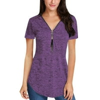 Bazyrey ženske vrhove kratkih rukava V-izrez Pola zip ženskih ležernih ljetnih majica Tunika Purple 5xl