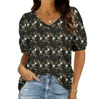 Puff rukava za čišćenje za žene Slatka cvjetna print V izrez T-košulje Ljeto Loset Fit Casual Graphic TEE košulja za odmor na prodaju na prodaju na prodaju crni xxl