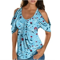 Dyegold hladni vrhovi ramena za žene nagnuto prednje cvjetne ispise kratkih rukava Bluze Ljetne majice