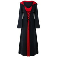 Odieerbi haljine za žene jesen v vrat s kapuljačom čipke up patchwork dugih rukava duga haljina crna