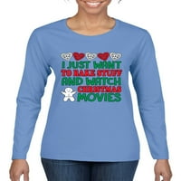 Samo želim napraviti stvari i gledati božićne filmove ružni božićni džemper ženska grafička majica dugih rukava, svijetloplava, 2xl
