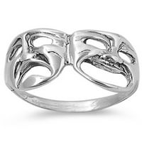 Tragedijska maska ​​Dramsko pozorište osmeh Tužni prsten. Sterling Silver Band nakit ženske muške veličine